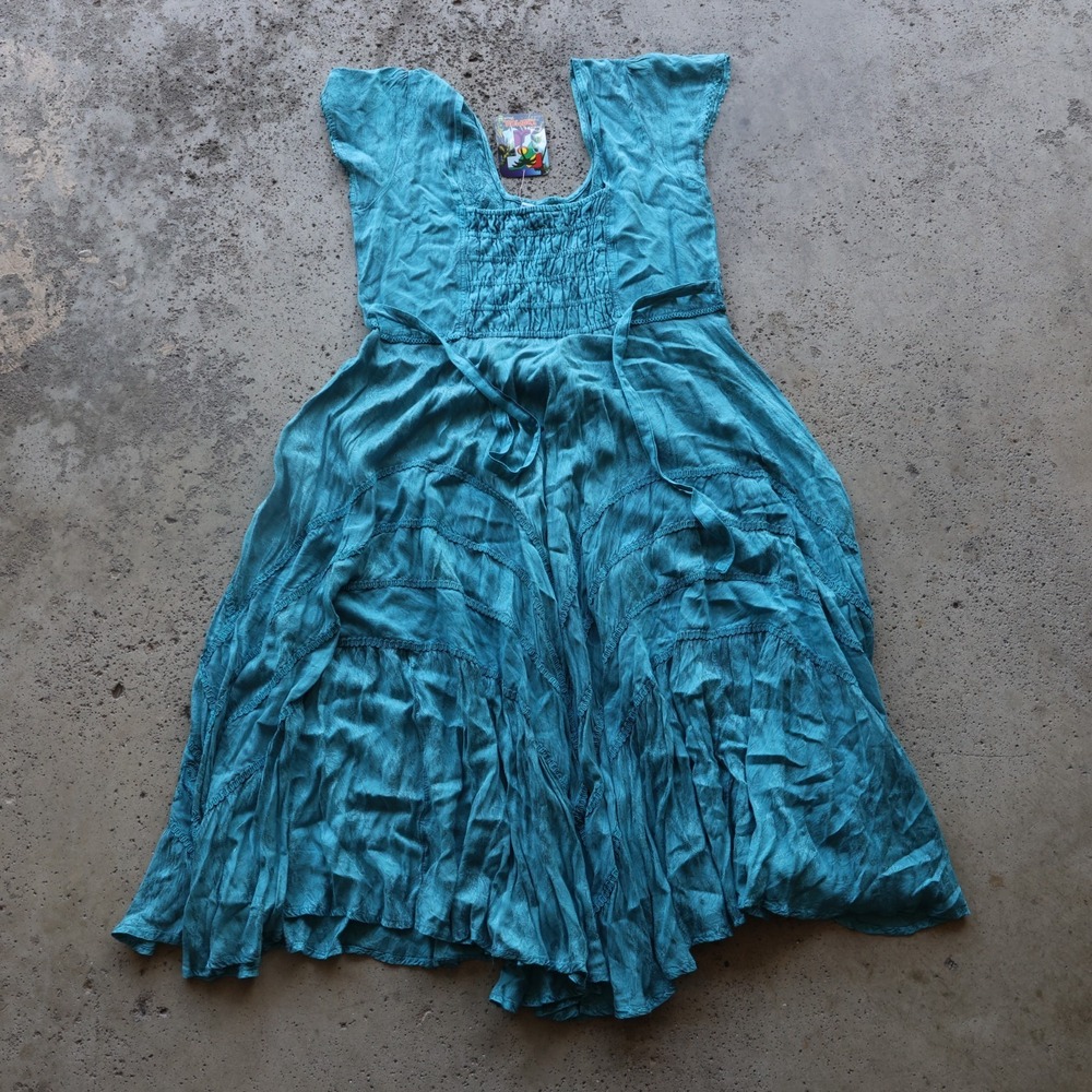 Indian Tropics Boutique Teal Rayon Boho Maxi Dress Free Size Made in India